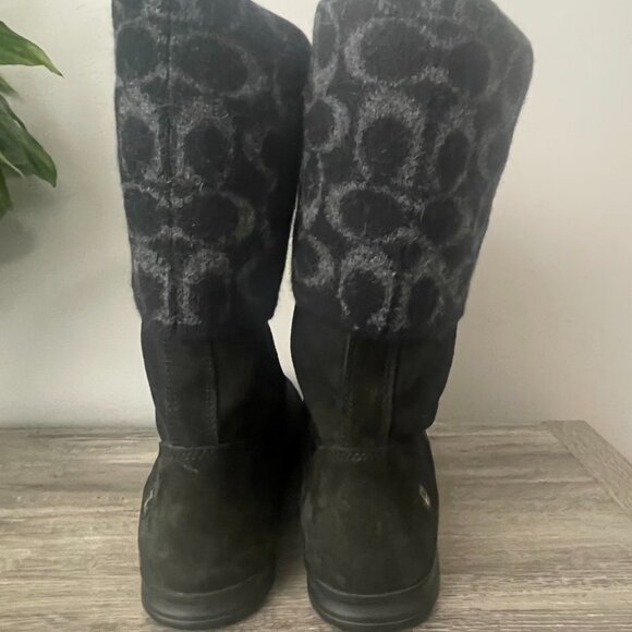 Coach Tatum Black Leather Wool Mid-Calf Boots Women’s 9M | Signature Logo Winter - Picture 4 of 10